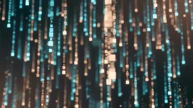 Futuristic digital background featuring glowing blue and white square pixels falling in vertical lines to represent data flow and network connectivity