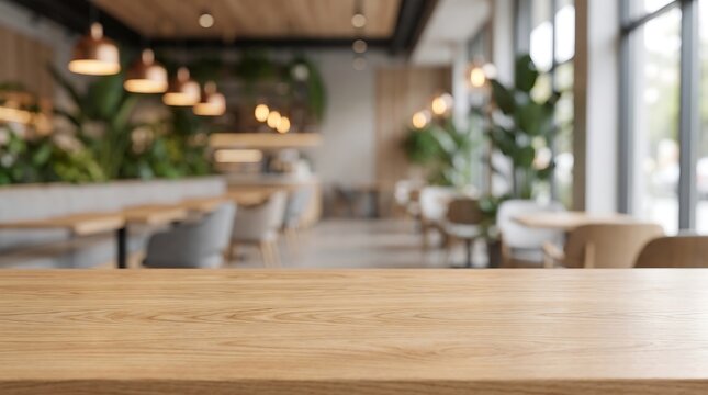 Empty wooden table top with blurred restaurant background for product placement and commercial food advertisement.