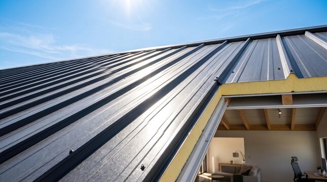 modern metal roof installation on a building, showing ribbed steel panels and a thermal insulated layer with an open view of the interior room underneath.