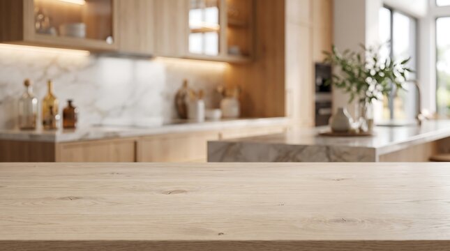 Light wooden tabletop counter over blurred modern kitchen interior for product presentation mockup and food display.