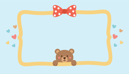 Fototapeta premium Adorable cartoon baby bear peeking over a rectangular border with a red polka dot bow and colorful hearts on blue.