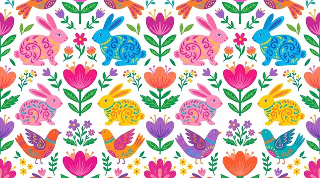 Colorful folk art pattern with rabbits flowers and birds colorful decoration