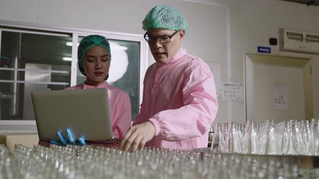 Two Asian quality control inspectors in uniform standing, using a laptop computer to analyze and inspect empty glass beverage bottles on moving conveyor belt in production line at industrial factory. 