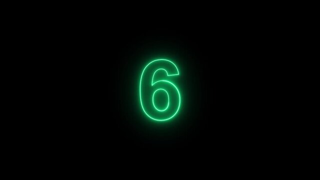 Glowing Green Neon Number 6 Countdown on Black Background, Futuristic Digital Numeric Display, Luminous Countdown Timer, Modern HUD Interface, Motion Graphics Design