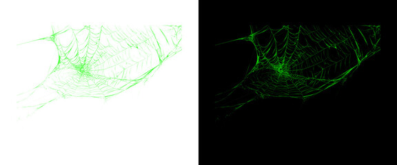 Naklejka premium Neon green spider web texture on black and white backgrounds, glowing cobweb design element, spooky radioactive silk net for Halloween
