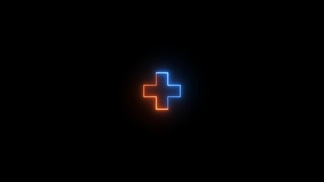 Glowing Blue Neon Plus Icon on Black Background, Medical Cross Symbol, Add Sign, Positive Interface Button, Futuristic Digital UI Element, Healthcare Technology Concept