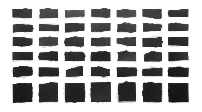 Set of various black torn paper rectangles isolated on transparent background
