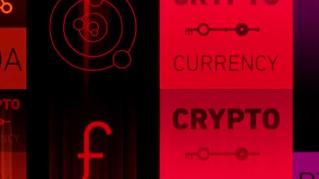 A video showcasing various cryptocurrency and finance symbols in a neon-lit digital environment