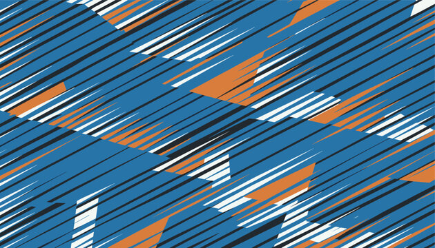 Vibrant geometric background pattern with sharp diagonal lines and colorful shards in blue, orange, and white.