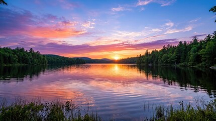 Fototapeta premium Sunset reflecting on calm lake with forest silhouette