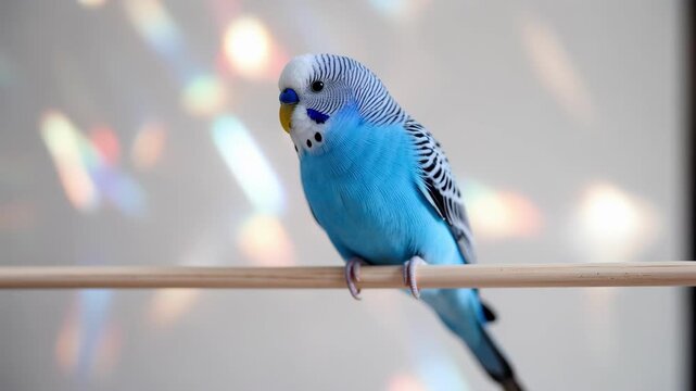 Blue Budgerigar Perched on Bokeh Background.