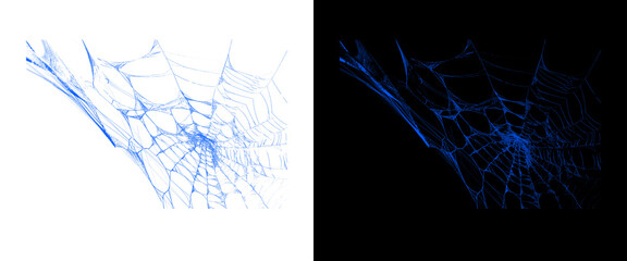 Neon blue spider web illustration set, glowing cobweb design elements on black and white backgrounds, spooky digital spiderweb graphics for Halloween © Smart Studio