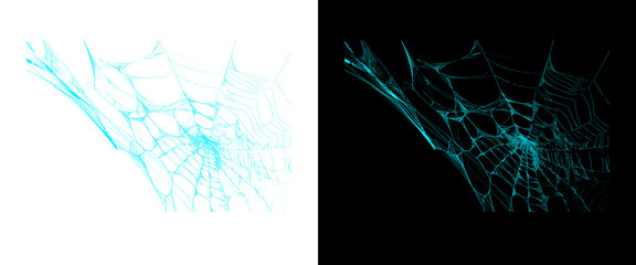 Glowing cyan spider web design elements, neon blue cobweb set on black and white backgrounds, futuristic digital spiderweb graphics for Halloween © Smart Studio