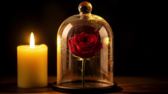 Candlelit Rose Under Glass Dome.