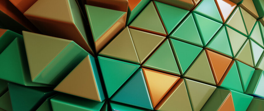 Abstract Geometric Tessellation Pattern of Green Teal Orange Brown Triangles with 3D Texture for Modern Design Background