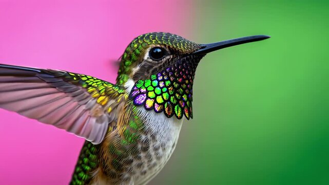 Colorful Hummingbird In Flight On Pink Green Background.