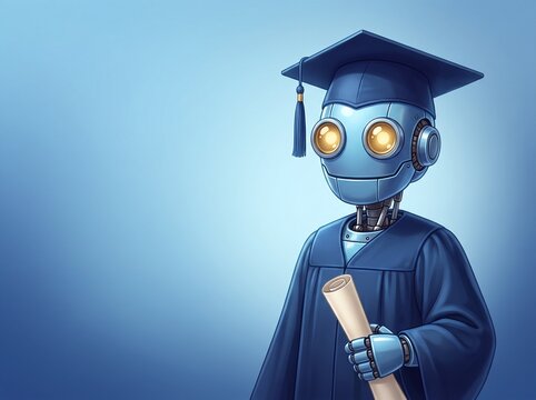 Robot student holding a diploma wearing a graduation cap with graduation