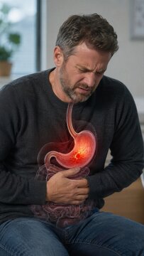 Man suffering from stomach pain with animated organ visualization. Gastrointestinal problem and acidic reflux concept. Healthcare and medical internal anatomy awareness for clinic document.