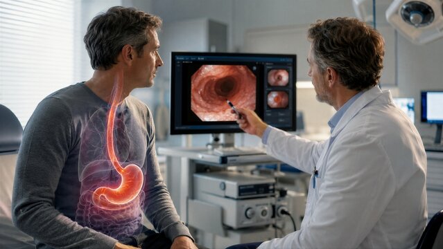 Gastroenterologist showing patient endoscopic result on screen. Doctor examining stomach health of man with digital organ visualization. Innovative medical diagnostic and healthcare technology.