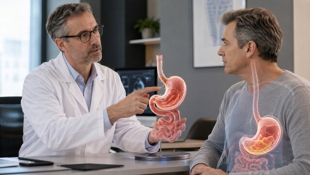 Doctor showing a 3D hologram of a human stomach to a man. Gastroenterologist explaining digestive system health. Innovative medical technology for patient consultation and education.