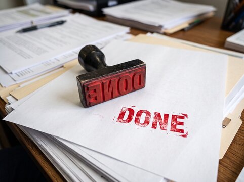 Rubber stamp with the word done on paperwork business paperwork complete