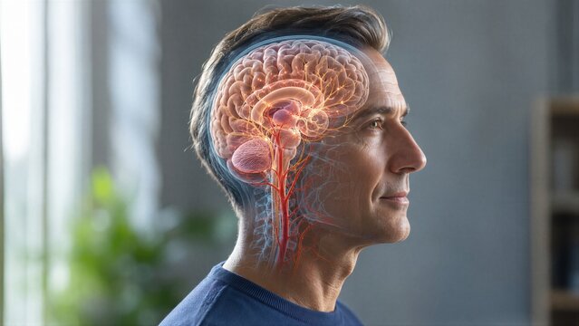 Man with glowing human brain projection overlapping head. Visualization of neural activity and nervous system connectivity. Concept of innovative medical diagnostics, mental health study.