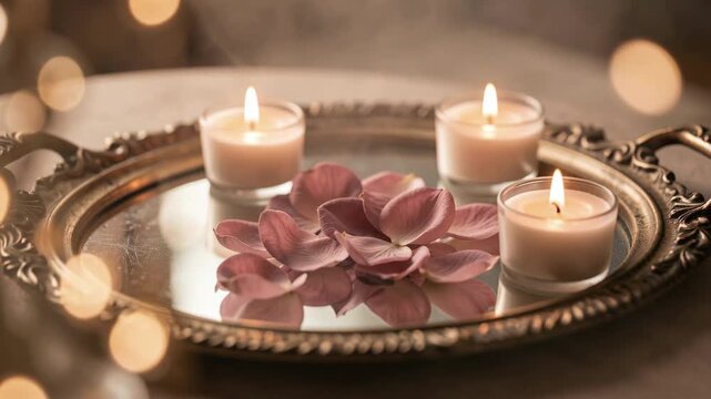 Elegant Candle Floral Centerpiece On Ornate Tray.