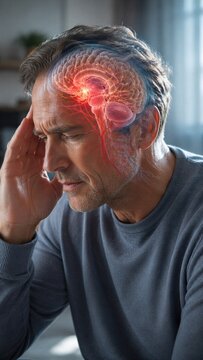 Man suffering from headache touching his head. Visualization of brain anatomy and neural activity. Concept of migraine, stress, mental illness, neurological disorder and medical care.