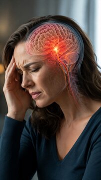 Woman suffering from severe headache or migraine. Human brain anatomy with glowing nerve center and chronic pain visualization. Concept of neurological medical condition and health care.