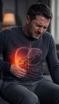Man holding stomach in pain with visible hologram of liver and gallbladder inflammation. Medical digital visualization of abdominal organ disease. Healthcare anatomy and diagnosis.