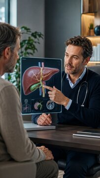 Doctor explaining liver anatomy to patient using digital hologram. Medical consultation with virtual liver model visualization. Healthcare technology and professional disease diagnostics.