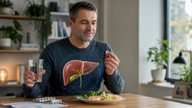 Man taking medicine for liver health. Human body anatomy visualization over patient stomach during meal. Healthcare concept of medical treatment, organ support and healthy nutrition lifestyle.
