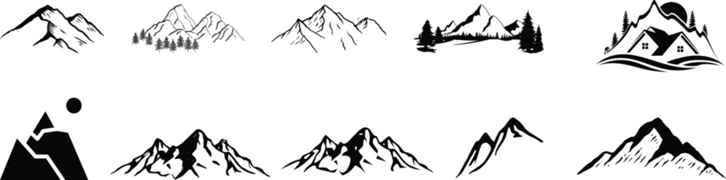 Peak logo mountain icon, mountain silhouette vector set for logo, hike travel illustration collection, rocky hills terrain, mountains silhouette for landscape design on transparent background.