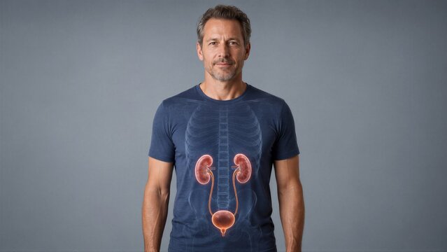 Man with anatomical projection of human kidneys and urinary system on his torso. Medical education visualization of internal organ. Healthcare technology and biology study concept.