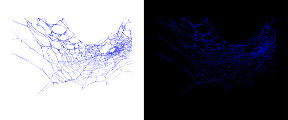 Naklejka premium Blue spider web texture on white and black backgrounds, glowing neon cobweb design, ethereal spiderweb pattern for Halloween and spooky decor