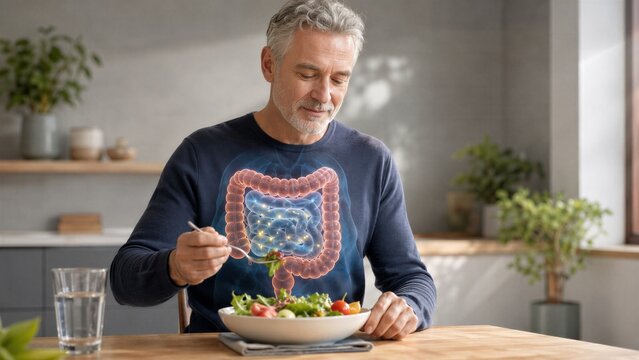 Man eating fresh salad with glowing holographic illustration of intestines. Concept of healthy digestion, gut health, proper nutrition and wellness. Medical education and biology study.
