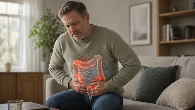 Man suffering from severe stomach pain and digestive issue. Ill patient clutching his belly with glowing colon anatomy. Medical concept of gastrointestinal disease and abdominal ache.