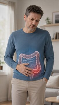 Man suffering from stomach ache holding his painful abdomen with highlighted colon. Medical illustration of digestive system illness. Healthcare diagnostic concept for abdominal disease.