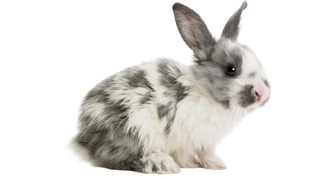 Small grey and white spotted bunny rabbit sitting