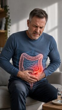 Man holding stomach in pain with visible inflamed colon. Abdominal discomfort and digestive system illness. Medical visualization of gut disease, inflammation, or infection in patient.
