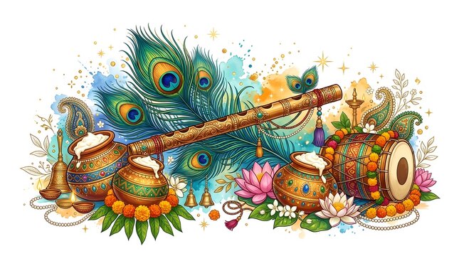Intricate illustration featuring a traditional wooden bansuri flute adorned with vibrant peacock feathers alongside decorative clay pots filled with fresh white butter and a musical dhol drum surround