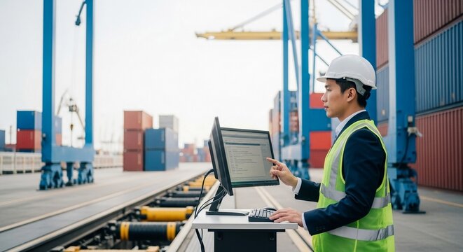 Asian port engineer monitors automated logistics systems on computer screen at shipping yard