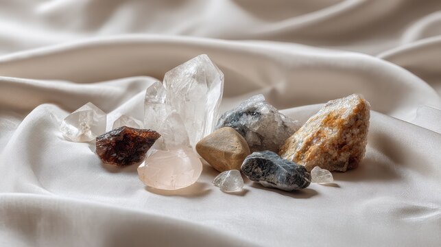 Collection of natural raw crystals and stones on soft satin fabric background. Variety of uncut mineral specimens including quartz, rose quartz smoky quartz are artfully arranged on flowing ivory silk