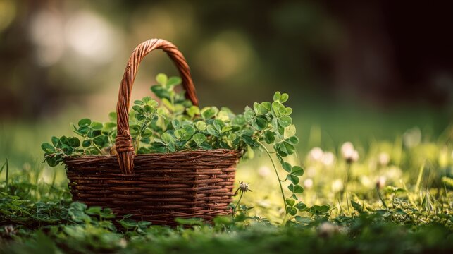 Wicker basket overflowing with fresh green clover in a sunlit meadow. A woven basket filled with lush green clover plants sits in a grassy field with soft bokeh background lights