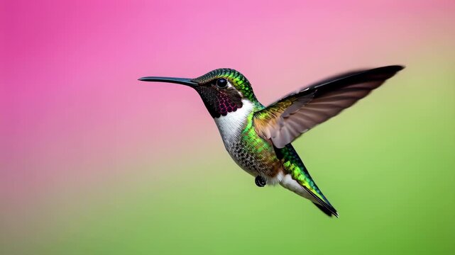 Hummingbird Hovering On Pink Green Background.