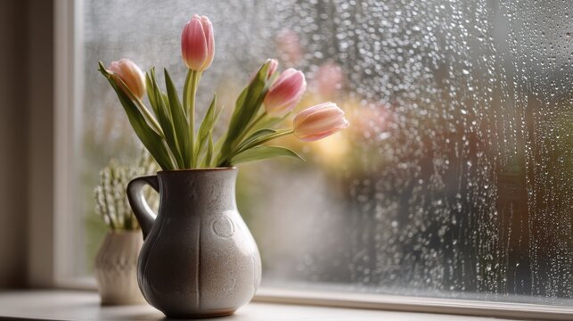 Pink tulips in a vase on a windowsill with raindrops on glass outside. Cozy scene of delicate pink tulips in ceramic pitcher placed on windowsill, with blurred background of raindrops on window pane