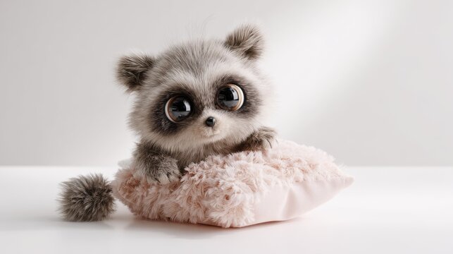 Adorable fluffy raccoon toy with big eyes sitting on soft pink pillow. Cute, fuzzy raccoon stuffed animal with oversized, expressive eyes rests on plush pastel pink cushion looking innocent and cuddly