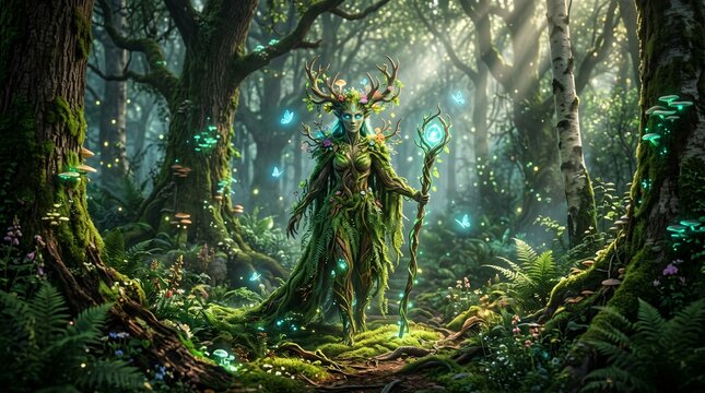 Mystical forest goddess with antlers and staff, ethereal green nature spirit in sunlit enchanted woods, magical fantasy character with glowing butterflies and moss