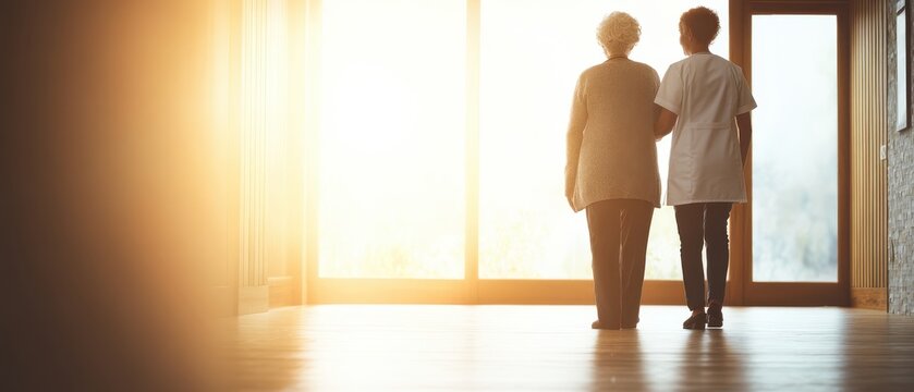 Caring nurse walks with an elderly woman, symbolizing support for long-term health and asset protection planning.