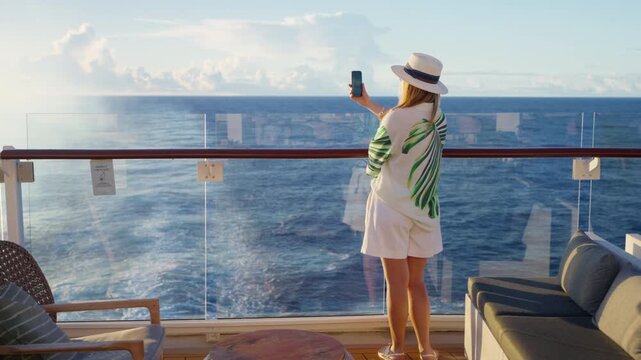 Woman in straw hat and tropical print outfit photographs ocean view from cruise liner deck in Caribbean Sea. Glass railing with wooden handrail frames blue waters and cloudy horizon during golden.